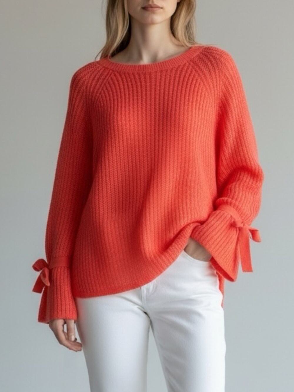 Project X Naadam Sweater Tie Bow Bell Sleeve Scoop Neck, Size S, Bright Red